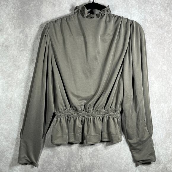 Rebecca Taylor Blouse Womens Medium Gray Peplum Hem Long Sleeve Ruffle Tie Neck - Picture 6 of 12